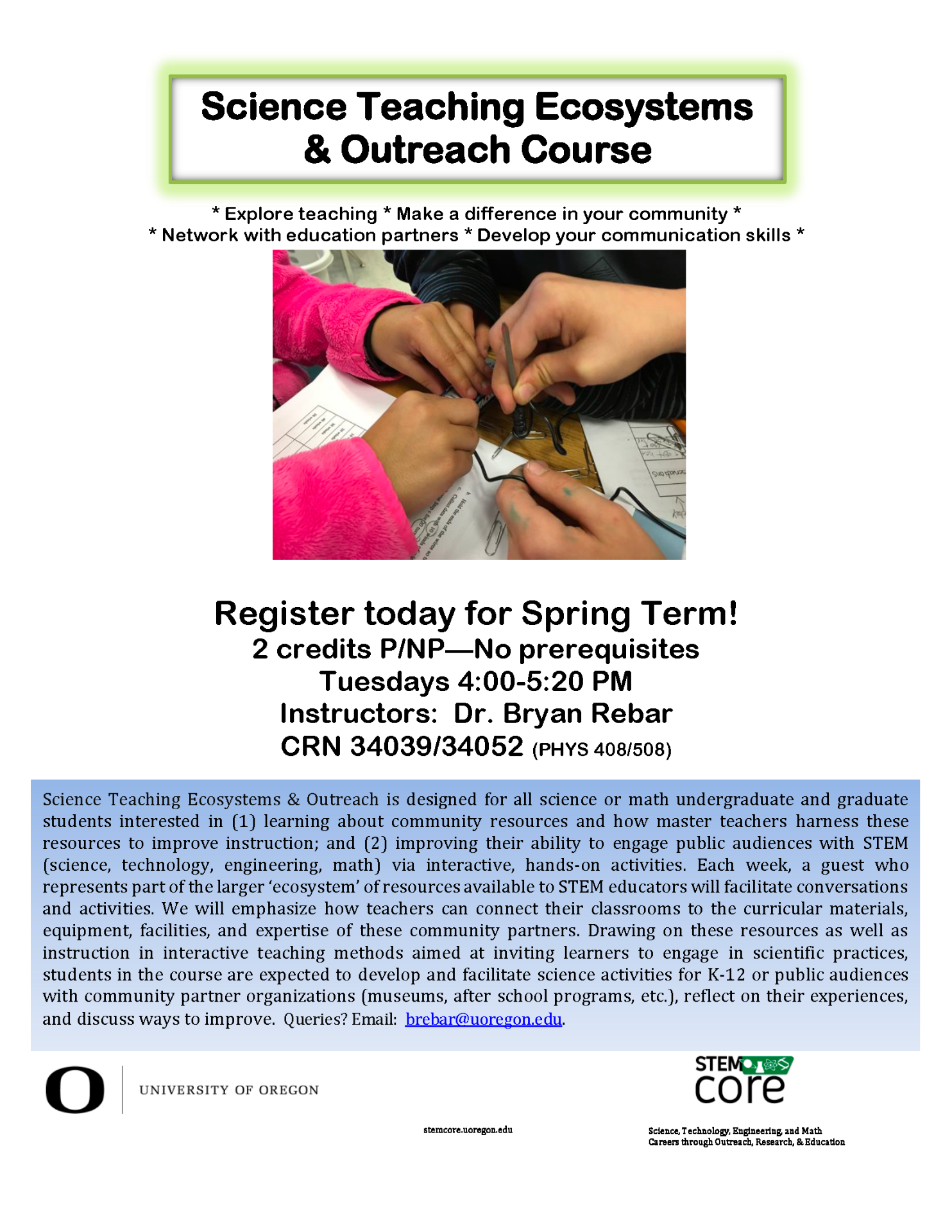 Science Teaching Ecosystems and Outreach Course Flyer - Spring 2024